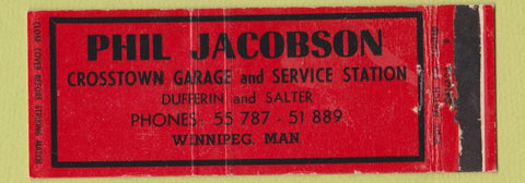 Matchbook Cover - Phil Jacobson Garage oil gas Winnipeg MB Full Length