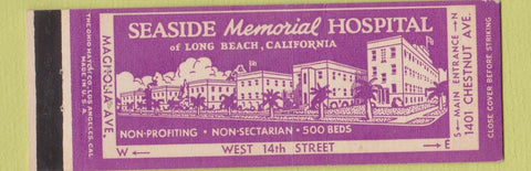 Matchbook Cover - Seaside Memorial Hospital Long Beach CA PURPLE  Full Length