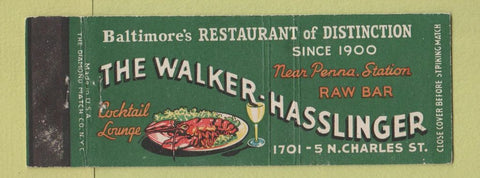 Matchbook Cover - Walker Hasslinger Restaurant Baltimore MD Full Length