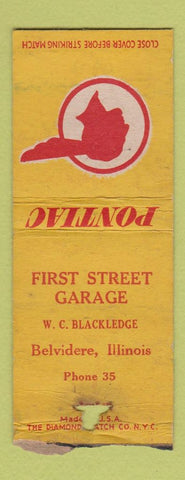 Matchbook Cover 1st Street Garage Belvidere IL Pontiac low phone # WORN BOBTAIL