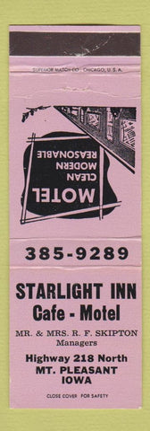 Matchbook Cover - Starlight Inn Cafe Motel Mount Pleasant IA PURPLE WEAR