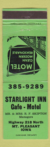 Matchbook Cover - Starlight Inn Cafe Motel Mount Pleasant IA GREEN WEAR