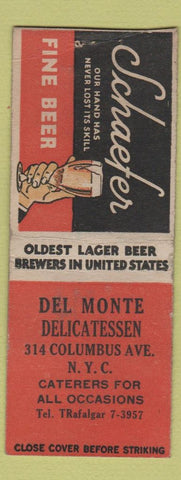 Matchbook Cover - Del Monte Deli New York City Schaefer Beer BOBTAIL