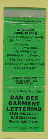 Matchbook Cover - Dan Dee Garment Lettering Bakersfield CA WEAR