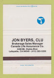 Matchbook Cover - Canada Life Insurance Jon Byers Lafayette CA 40 Strike