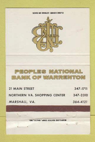 Matchbook Cover - Peoples National Bank Warrenton Marshall VA 40 Strike