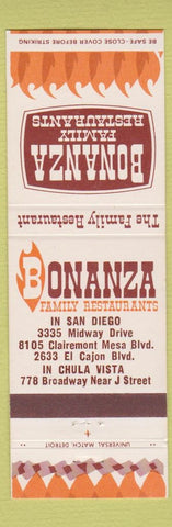 Matchbook Cover - Bonanza Family Restaurants Chula Vista San Diego CA