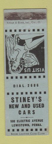 Matchbook Cover - Stiney's Cars Lewistown PA girlie WORN
