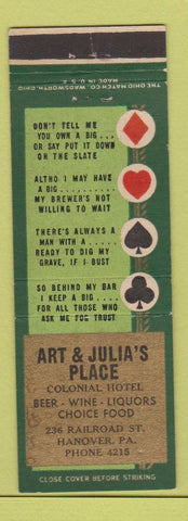 Matchbook Cover - Art & Julia's Place Hotel Hanover PA