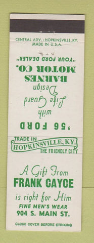 Matchbook Cover - Barnes Motors 1956 Ford Frank Cayce Clothes Hopkinsville KY