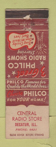Matchbook Cover - Philco Radio Decatur IL Bing Crosby Burl Ives WORN