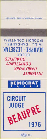 Matchbook Cover - Beaupre Judge Will Kankakee Iroquois counties IL
