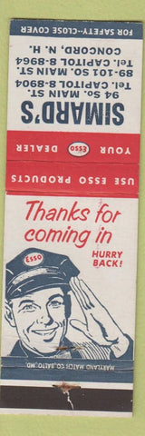 Matchbook Cover - Esso Oil Gas Simard's Concord NH