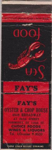 Matchbook Cover - Fay's Oyster Chop House New York City lobster WORN
