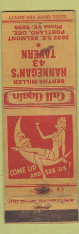 Matchbook Cover - Hannegan's 43 Tavern Portland OR girlie WORN