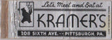 Matchbook Cover - Kramer's Pittsburg PA Restaurant WEAR