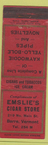 Matchbook Cover - Emslie's Cigar Store Barre VT low phone # WEAR
