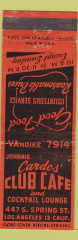 Matchbook Cover - Johnnie Cardos' Club Cafe Los Angeles CA WEAR