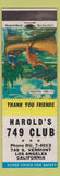 Matchbook Cover - Harold's 749 Club Los Angeles CA