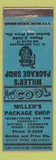 Matchbook Cover - Miller's Package Liquor WEAR