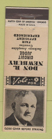 Matchbook Cover - Don Newbury Circuit Judge Election Jackson Josephine County OR