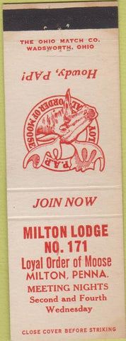 Matchbook Cover - Moose Lodge Milton PA