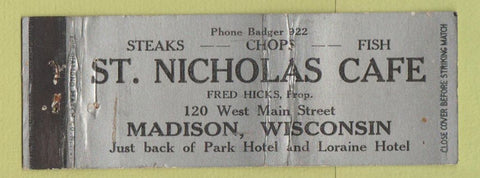 Matchbook Cover - St Nicholas Cafe Madison WI WEAR