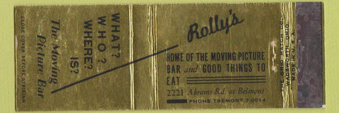 Matchbook Cover - Rolly's Moving Picture Bar Movies