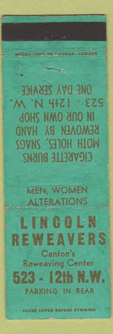 Matchbook Cover - Lincoln Reweavers Canton OH WORN