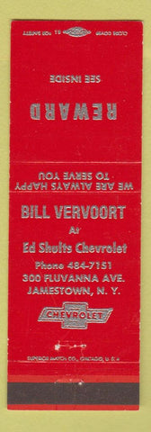 Matchbook Cover - Ed Shults Chevrolet Jamestown NY Bill Vervoort