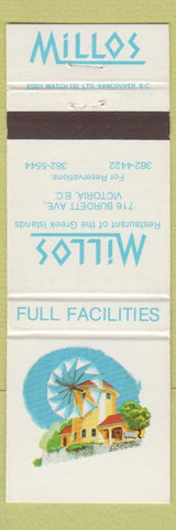 Matchbook Cover - Millos Restaurant Greek Victoria BC