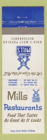 Matchbook Cover - Mills Restaurant Cincinnati Cleveland Columbus OH Windmill