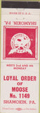 Matchbook Cover - Moose Lodge Shamokin PA