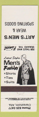 Matchbook Cover - Art's Men's Clothes Sporting Goods Claresholm AB