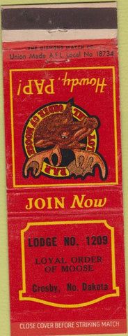Matchbook Cover - Moose Lodge Crosby ND