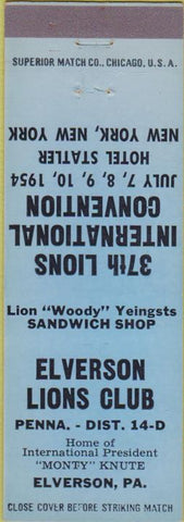 Matchbook Cover - Lions Club Elverson PA Hotel Statler NYC