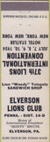 Matchbook Cover - Lions Club Elverson PA Hotel Statler NYC