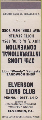 Matchbook Cover - Lions Club Elverson PA Hotel Statler NYC