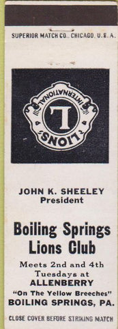 Matchbook Cover - Lions Club Boiling Springs PA