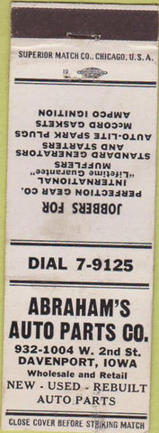 Matchbook Cover - Abraham's Auto Parts Davenport IA wear