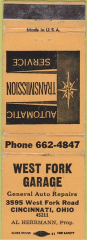 Matchbook Cover - West Fork Garage Cincinnati OH wear