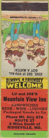 Matchbook Cover - Mountain View Inn Ridgeville MD WEAR