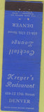 Matchbook Cover - Kreyer's Restaurant Denver CO Downtown