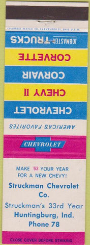 Matchbook Cover - 1963 Chevrolet Huntingburg IN Corvette Corvair