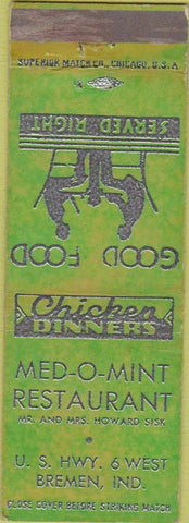 Matchbook Cover - Med O Mint Restaurant Bremen IN