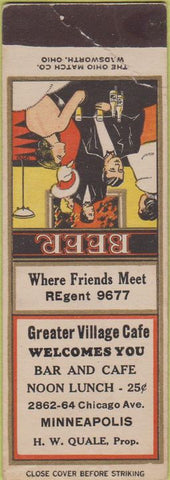 Matchbook Cover - Greater Village Cafe Minneapolis MN 30's striker wear