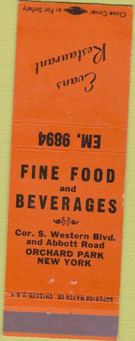 Matchbook Cover - Evans Restaurant Orchard Park NY orange