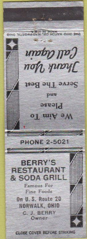 Matchbook Cover - Berry's Restaurant Norwalk OH