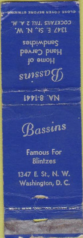 Matchbook Cover - Bassins Sandwiches Washington DC CREASES