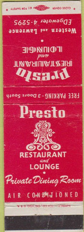 Matchbook Cover - Presto Restaurant Chicago IL CREASE